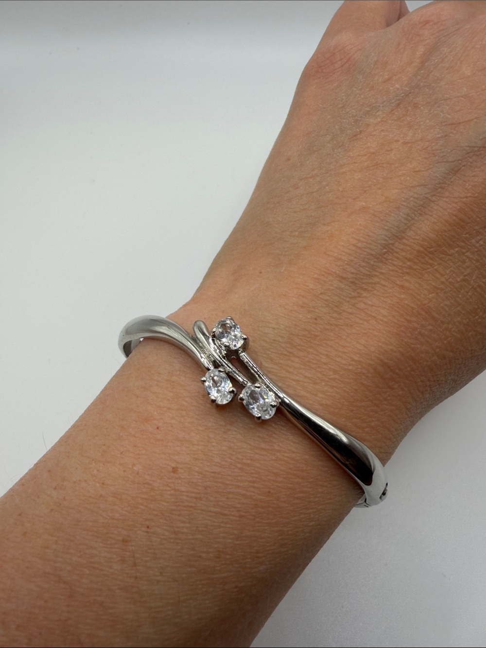 Silver Tone Crystal Accent hinged bangle 6 1/2 inch